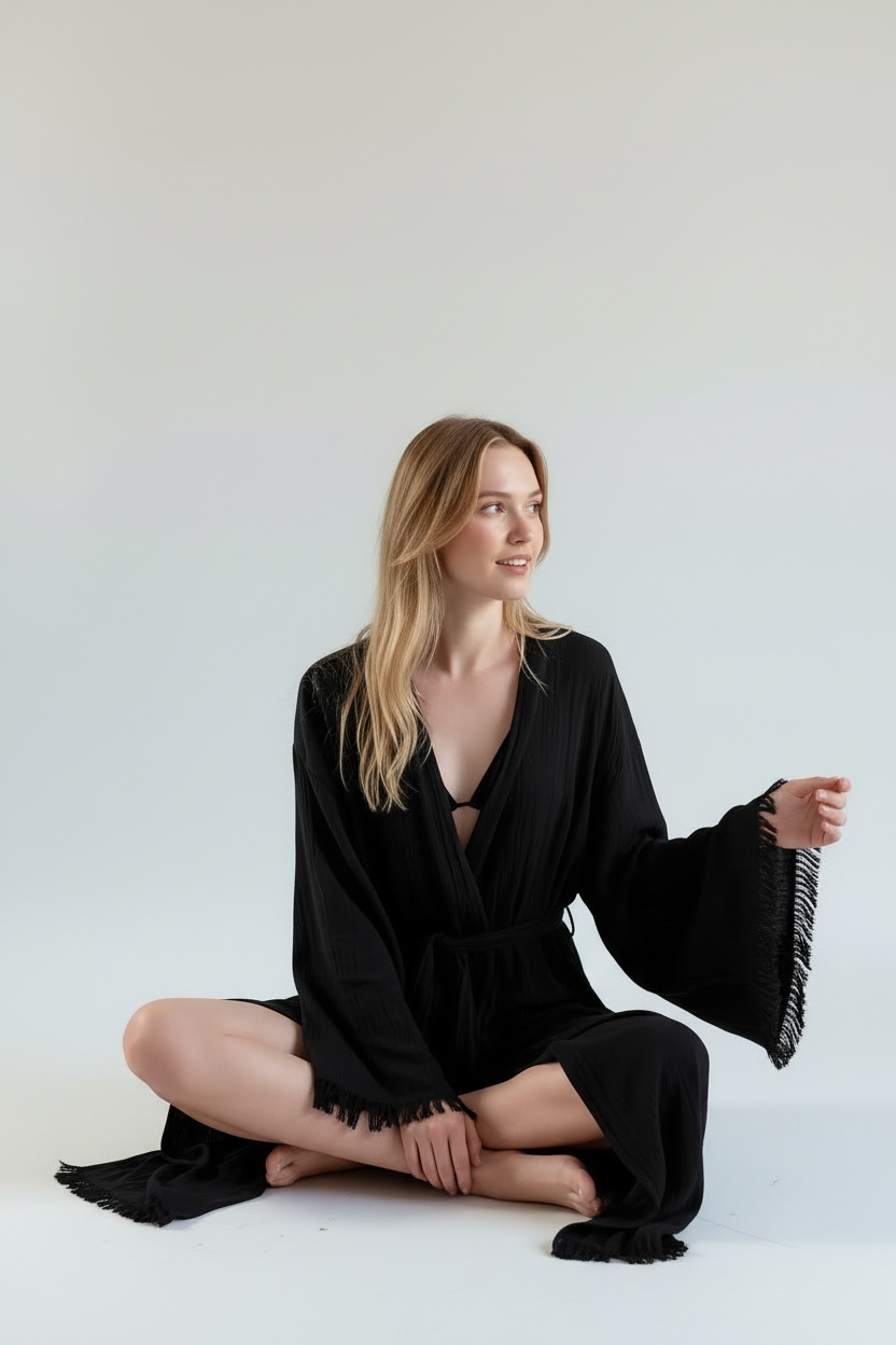 handcrafted turkish cotton muslin kimono robe solid black minimal design made in turkey