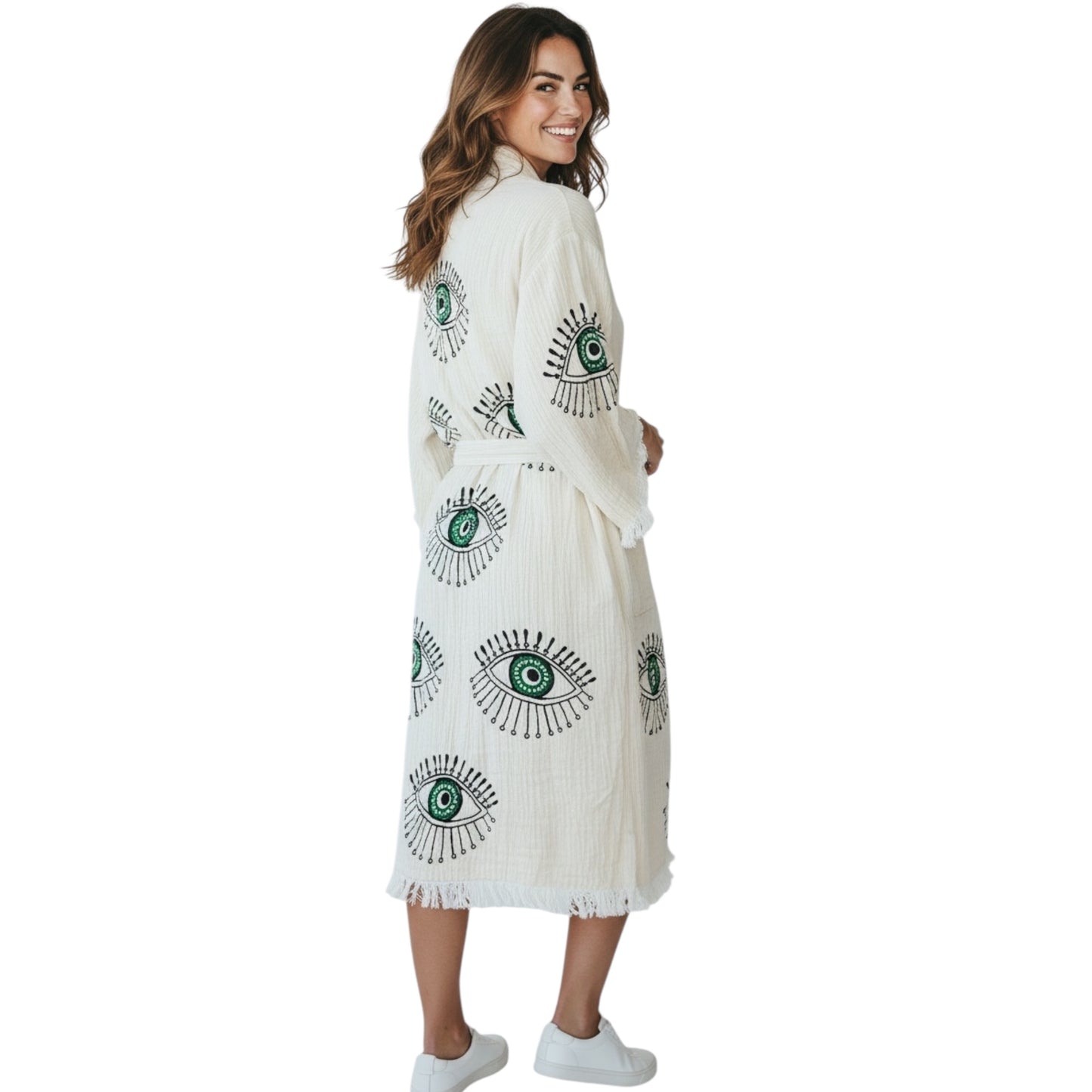 turkish cotton muslin kimono robe with green evil eye design handcrafted robe