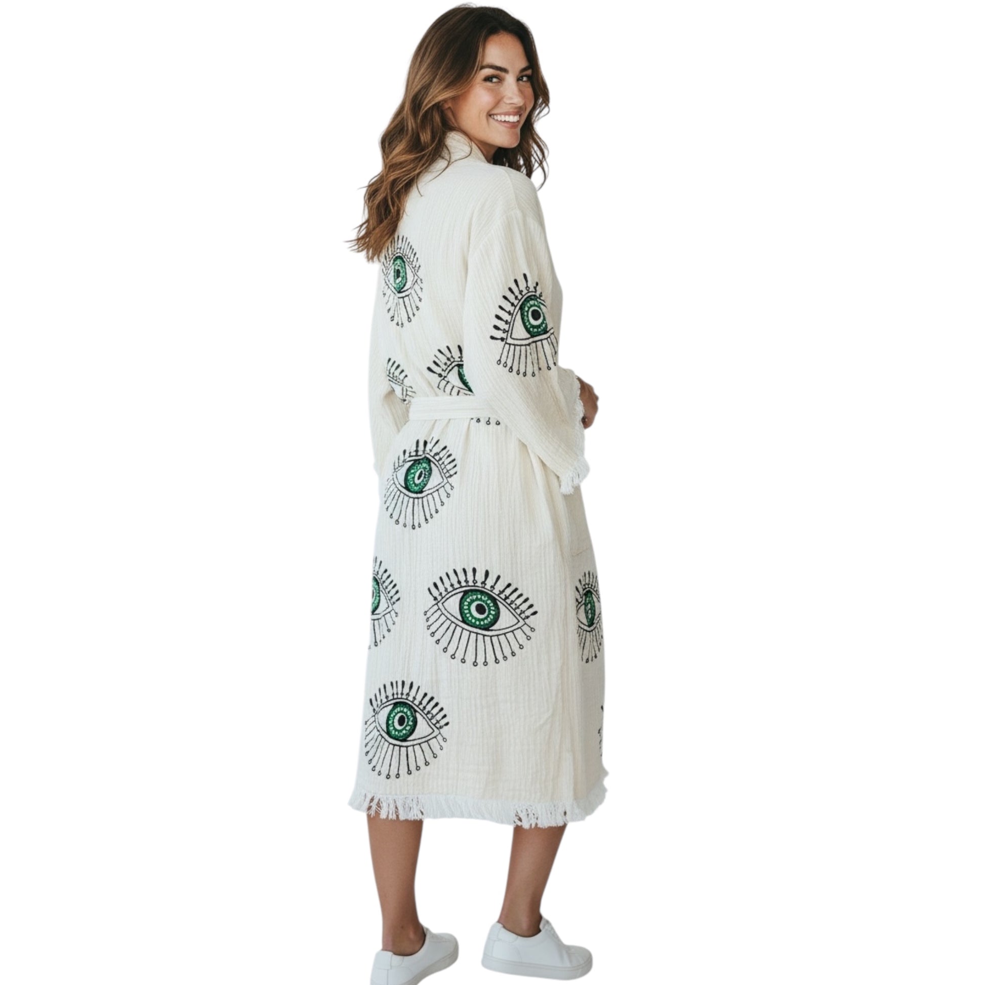 turkish cotton muslin kimono robe with green evil eye design handcrafted robe