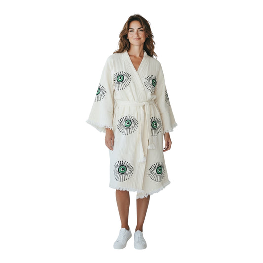 hand printed turkish cotton muslin kimono robe green evil eye pattern made in turkey