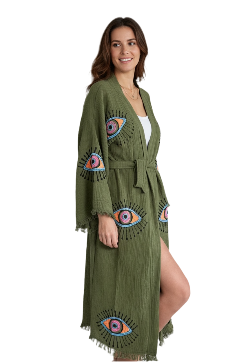 hand printed turkish cotton muslin kimono robe green color with evil eye pattern made in turkey