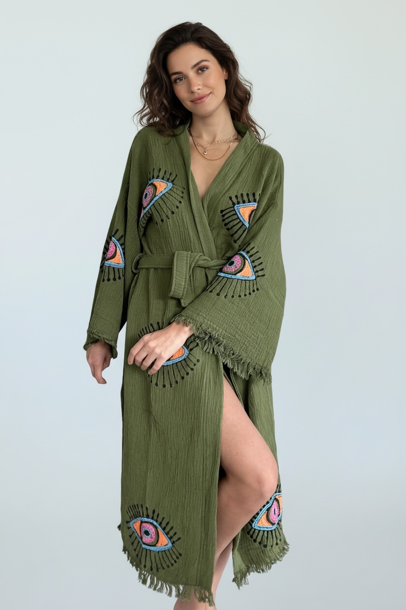 lightweight turkish cotton muslin kimono robe green color with evil eye design