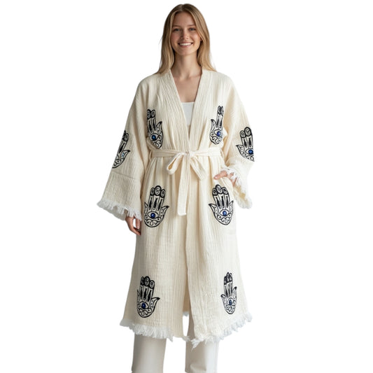 hand printed turkish cotton muslin kimono robe hamsa hand pattern natural color made in turkey
