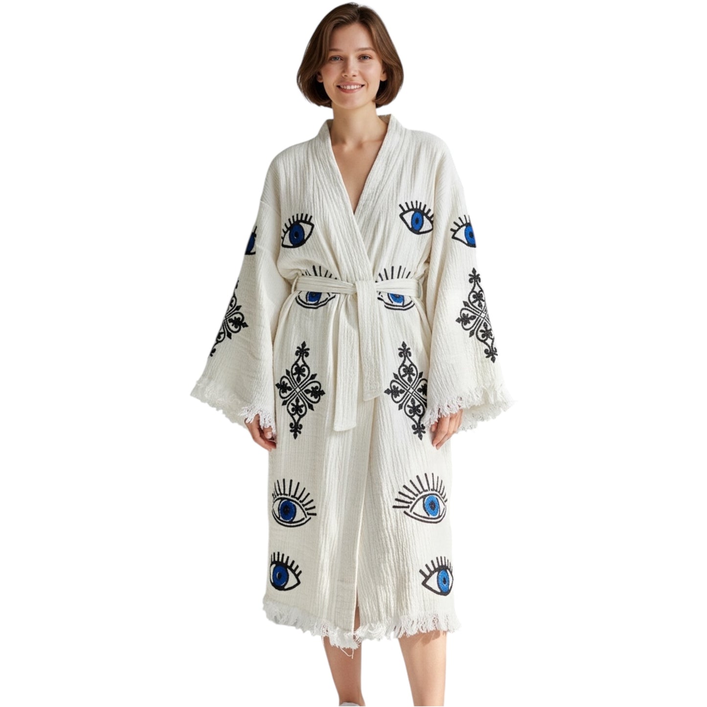 hand printed turkish cotton muslin kimono robe lucky evil eye and ornamental pattern made in turkey