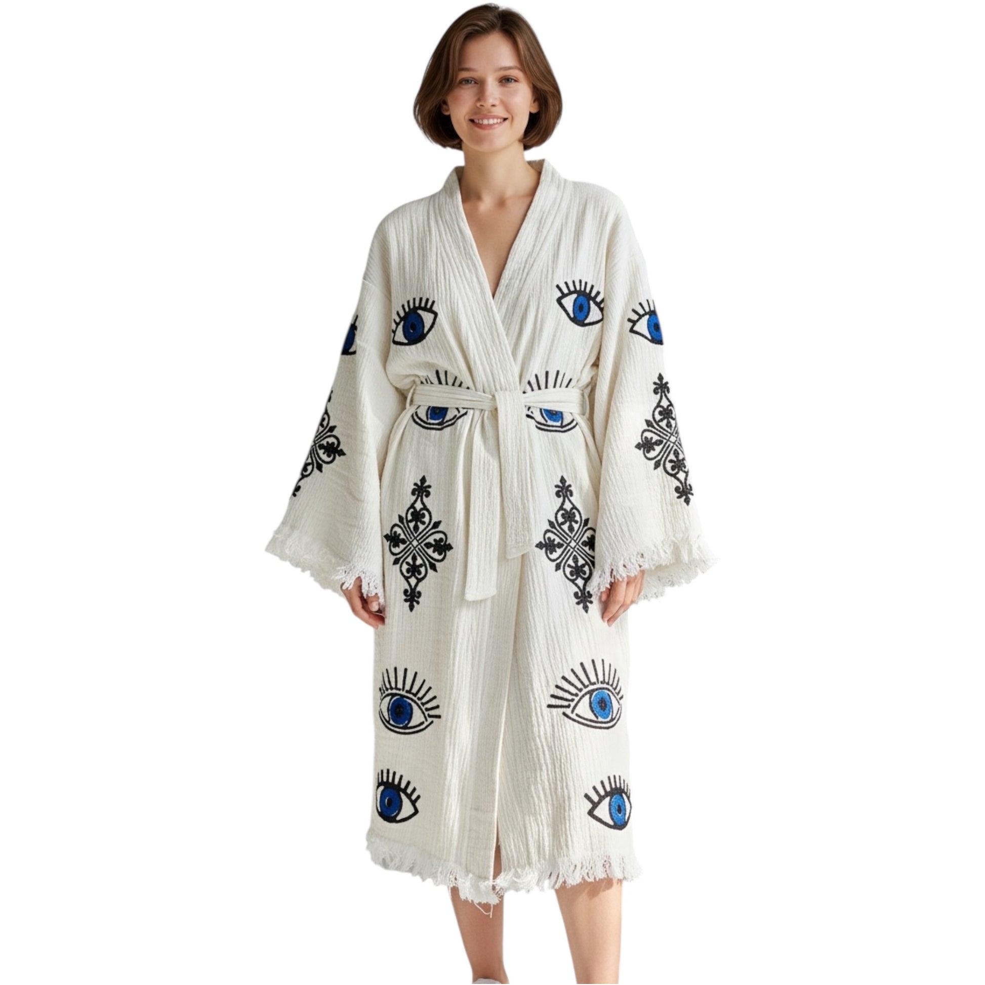 hand printed turkish cotton muslin kimono robe lucky evil eye and ornamental pattern made in turkey