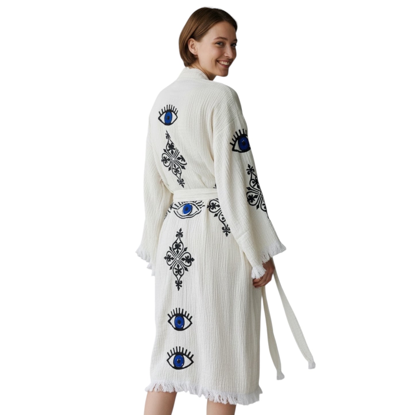 turkish cotton muslin kimono robe with blue evil eye and ornamental design handcrafted robe