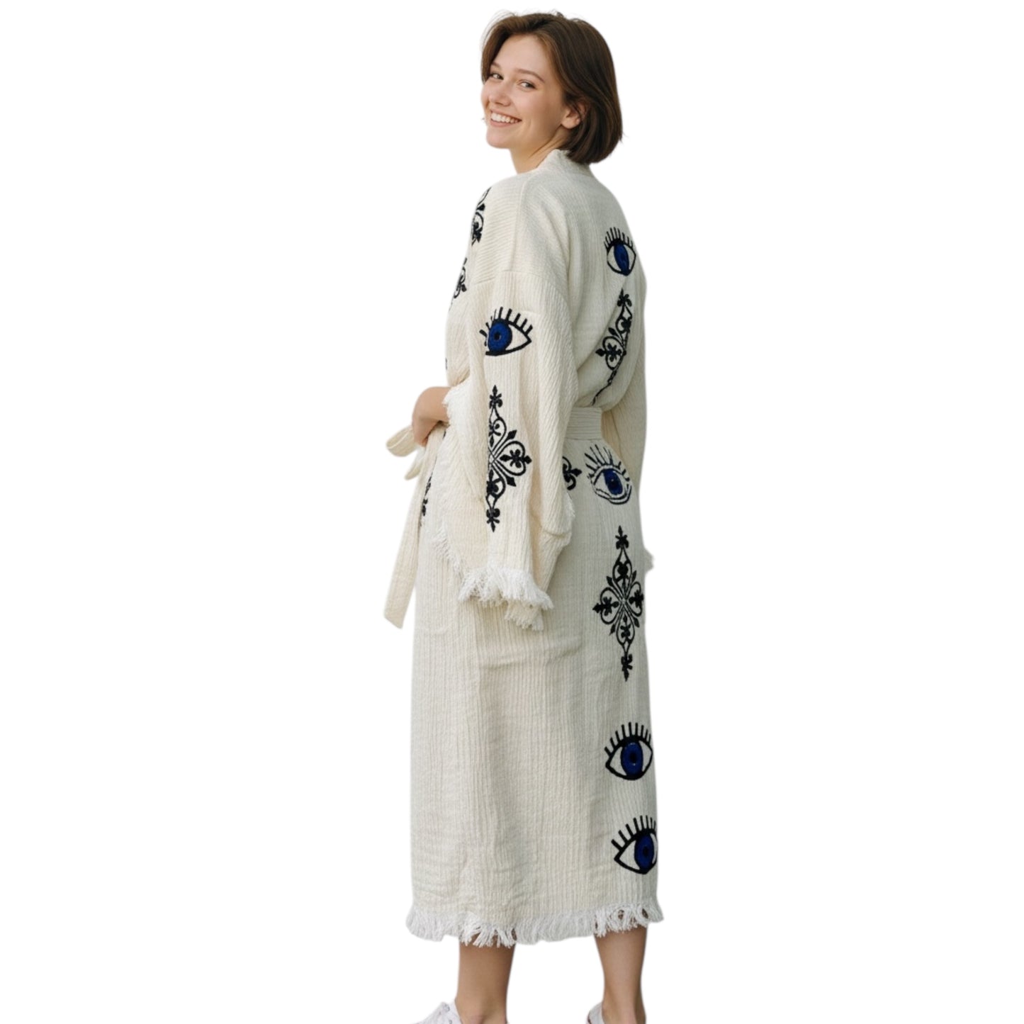 lightweight turkish cotton muslin kimono robe lucky eye evil eye pattern with ornamental motifs