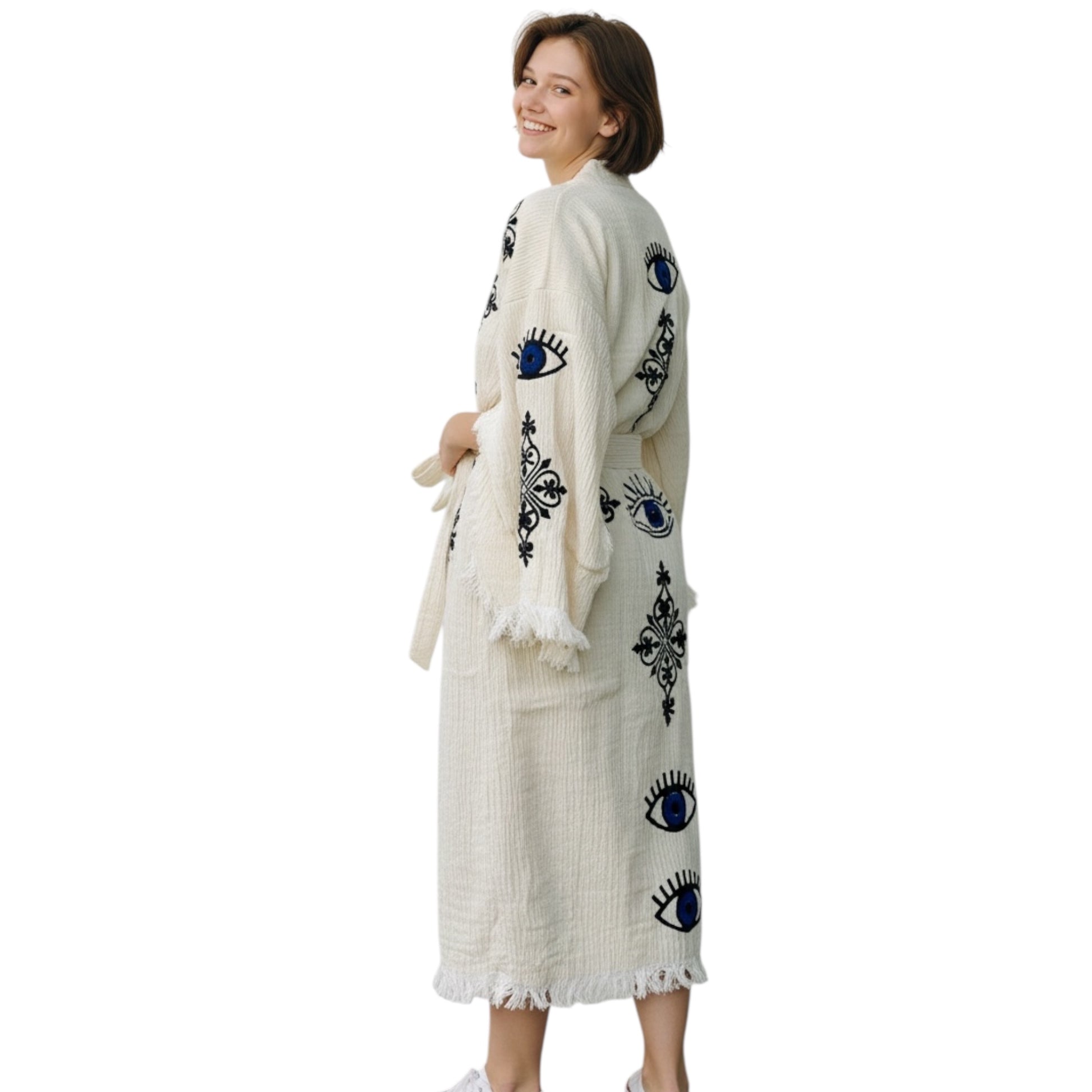 lightweight turkish cotton muslin kimono robe lucky eye evil eye pattern with ornamental motifs