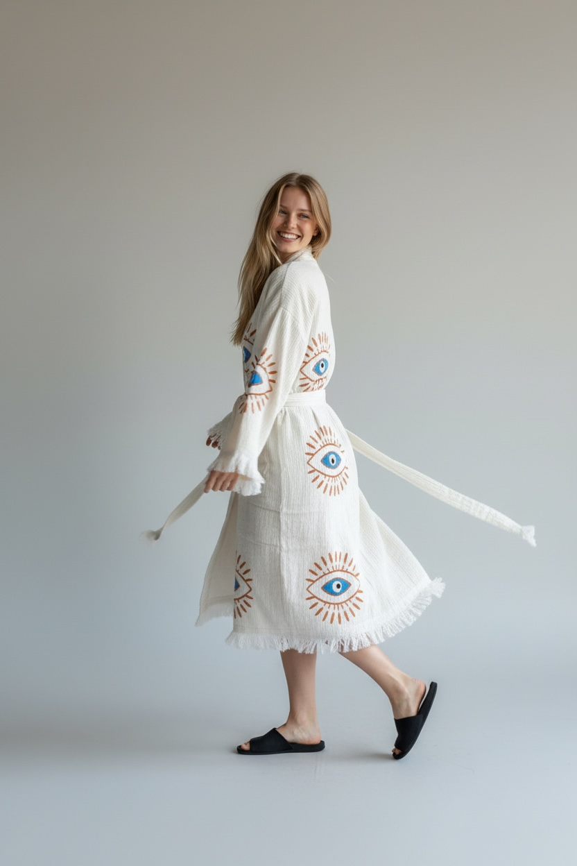 turkish cotton muslin kimono robe with mystic evil eye design handcrafted robe
