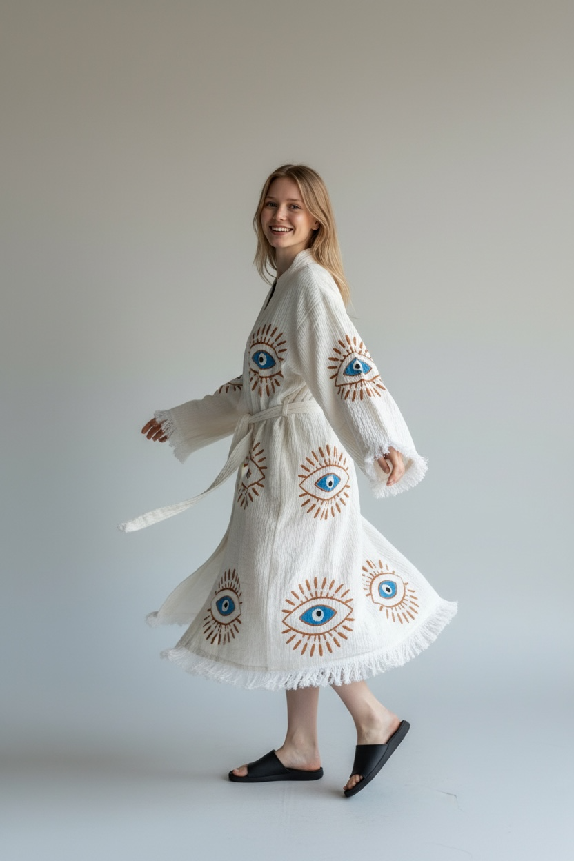 lightweight turkish cotton muslin kimono robe mystic evil eye pattern