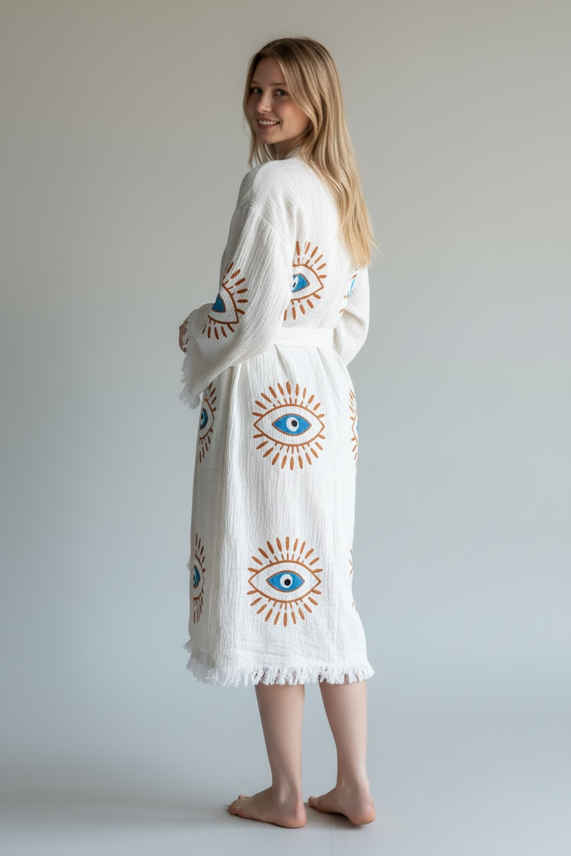 handcrafted turkish cotton muslin kimono robe mystic evil eye design made in turkey