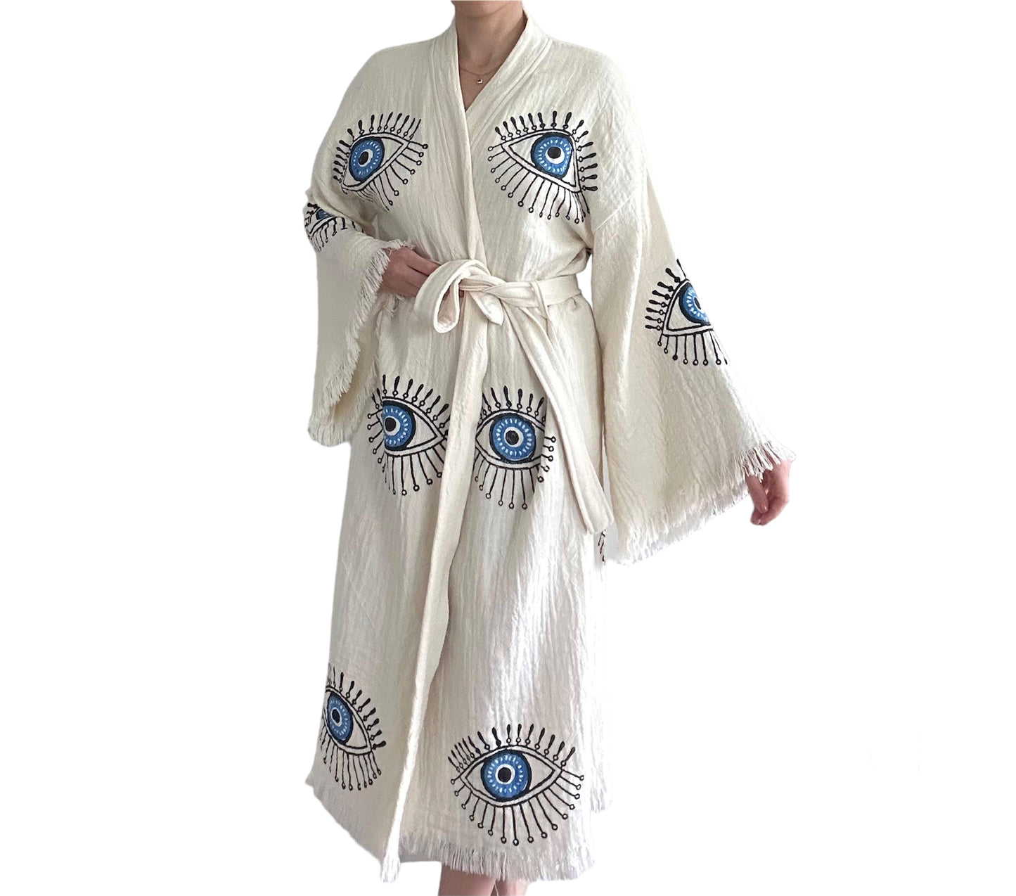 artisan turkish cotton muslin kimono robe natural color blue evil eye hand printed pattern