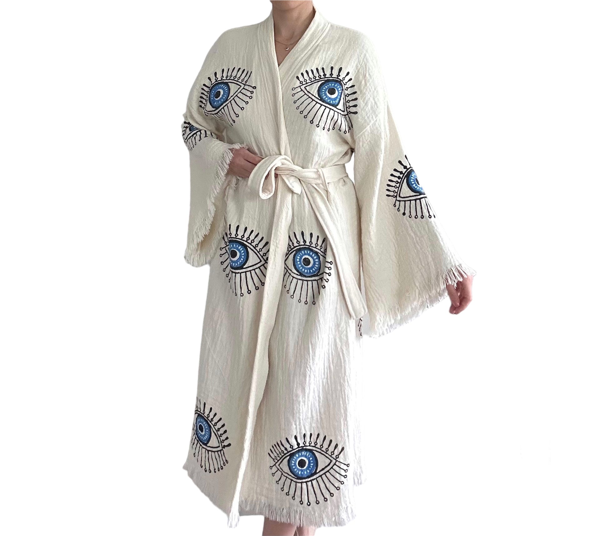 artisan turkish cotton muslin kimono robe natural color blue evil eye hand printed pattern