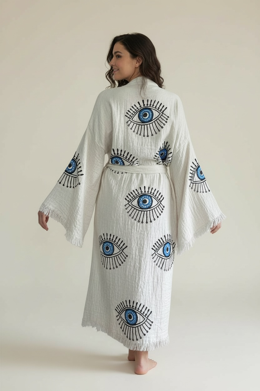 turkish cotton muslin kimono robe with blue evil eye design natural handcrafted robe