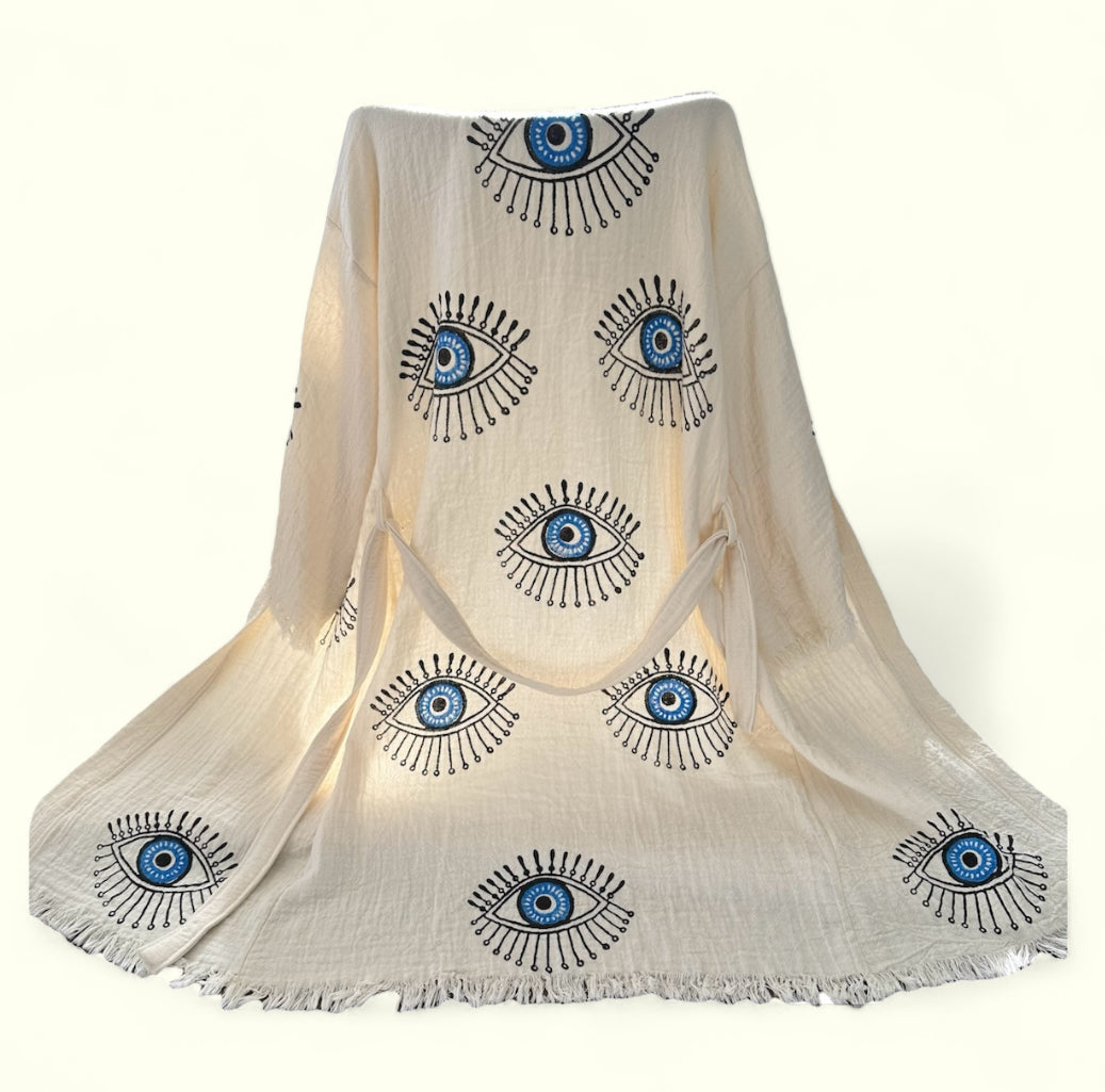hand printed turkish cotton muslin kimono robe blue evil eye design natural color