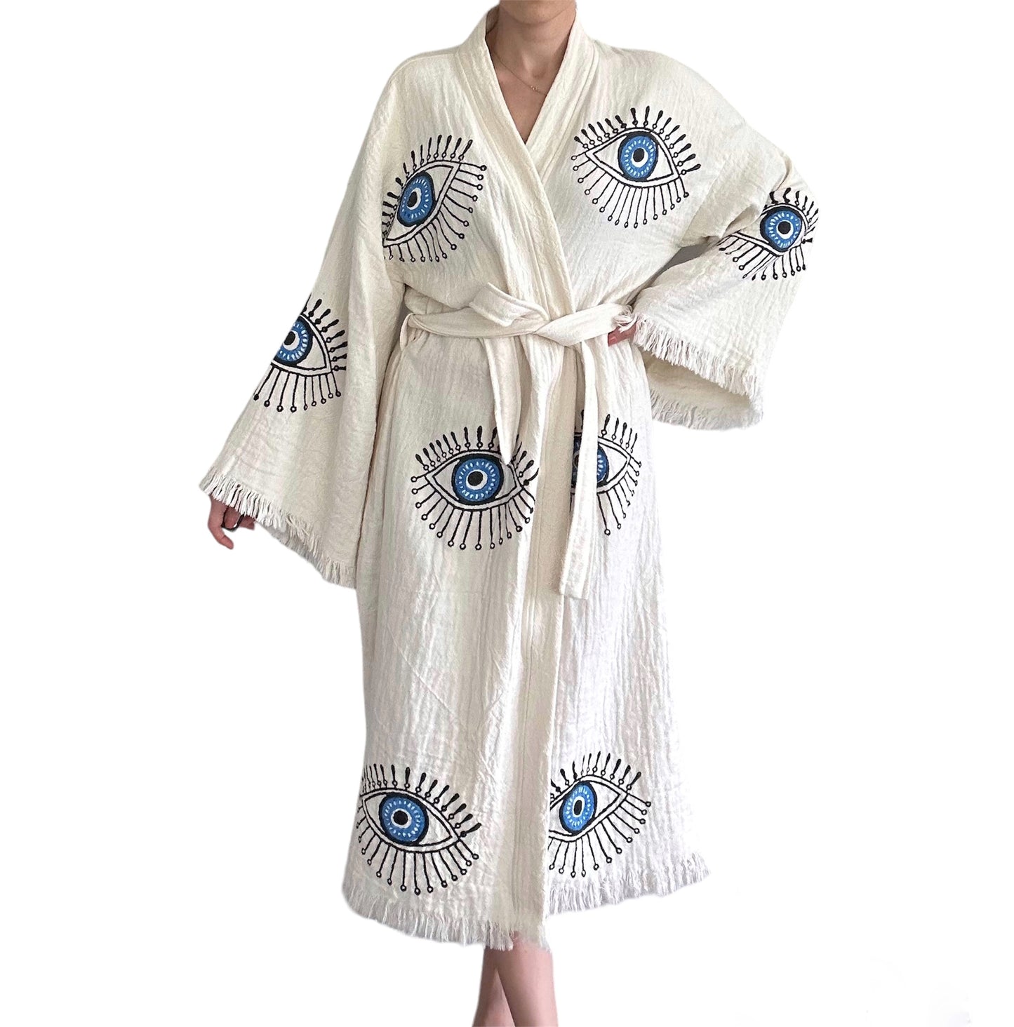 handcrafted turkish cotton muslin kimono robe natural fabric blue evil eye design