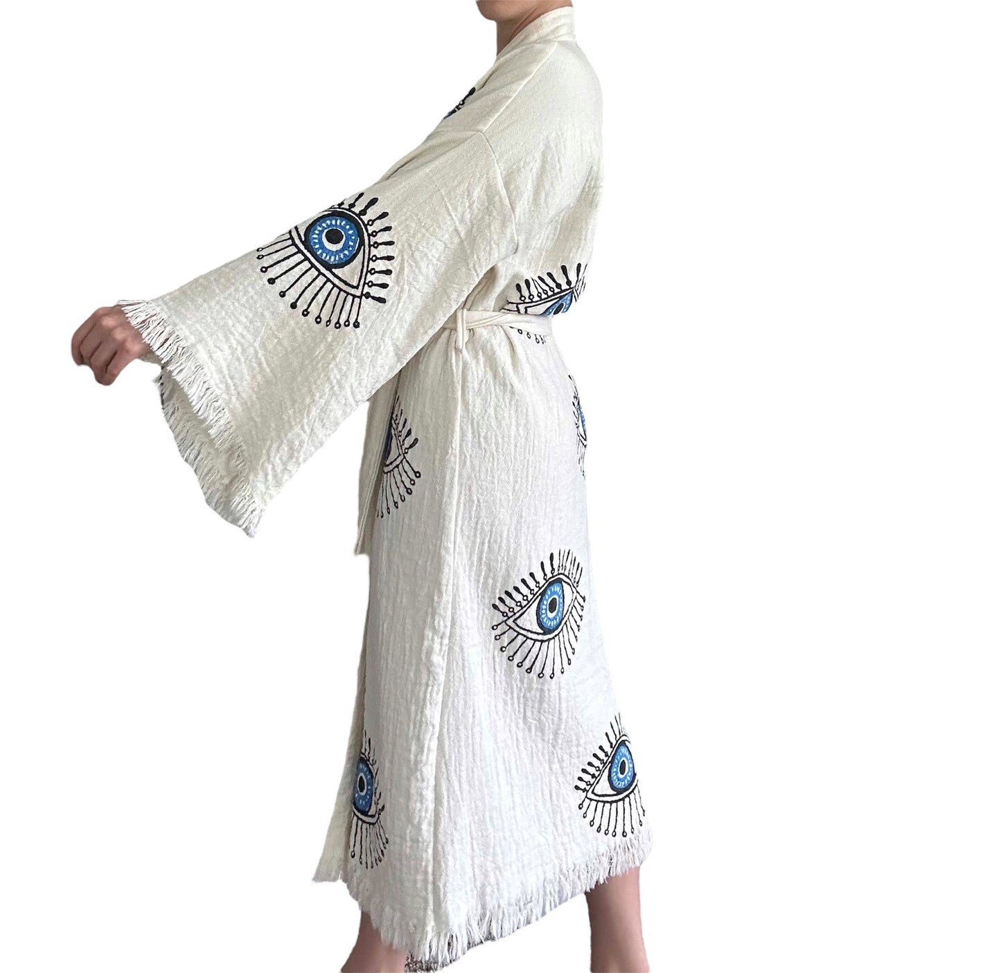 turkish cotton muslin kimono robe natural color blue evil eye handcrafted in turkey