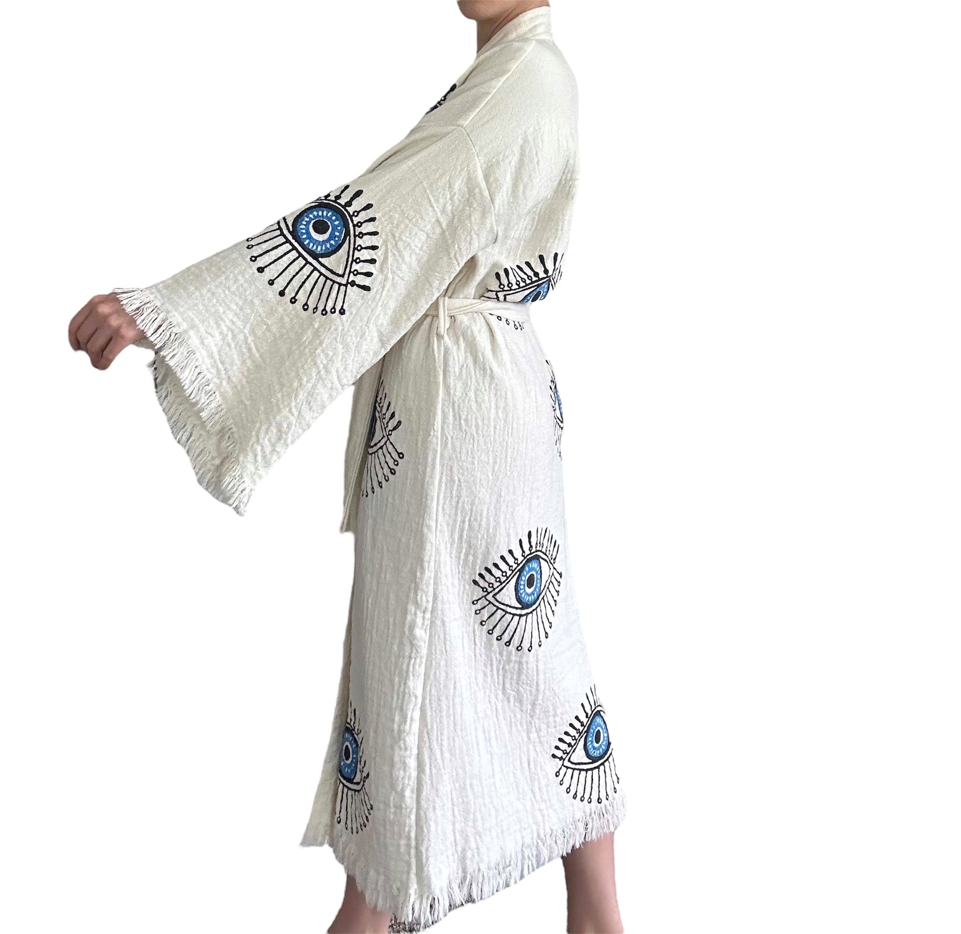 turkish cotton muslin kimono robe natural color blue evil eye handcrafted in turkey