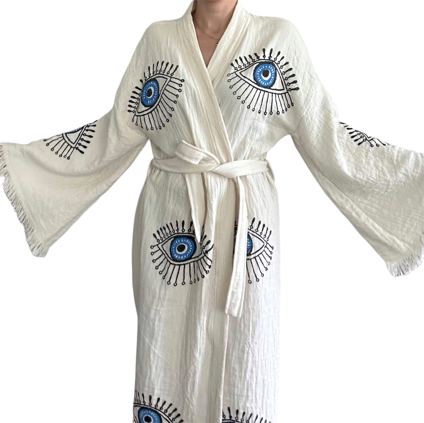 turkish cotton muslin kimono robe natural fabric texture with blue evil eye pattern