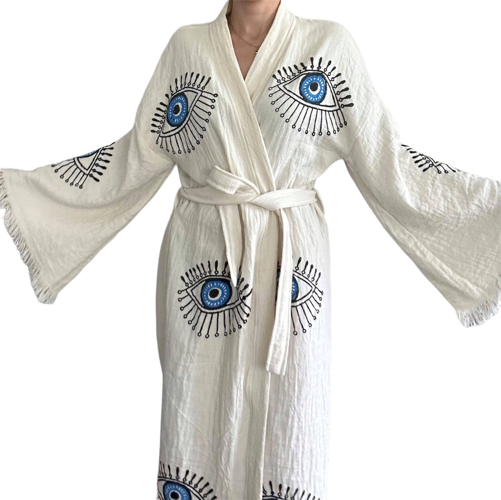 turkish cotton muslin kimono robe natural fabric texture with blue evil eye pattern
