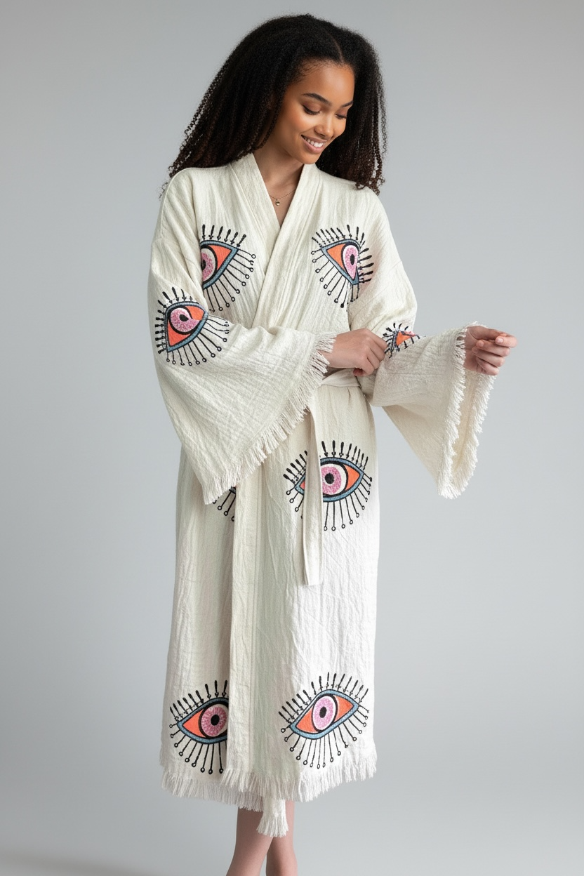 artisan turkish cotton muslin kimono robe natural color evil eye hand printed design