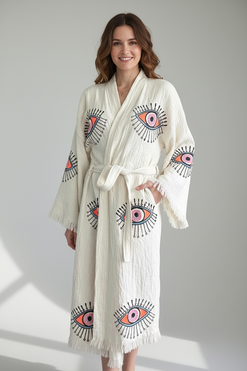 turkish cotton muslin kimono robe with evil eye pattern natural handcrafted robe