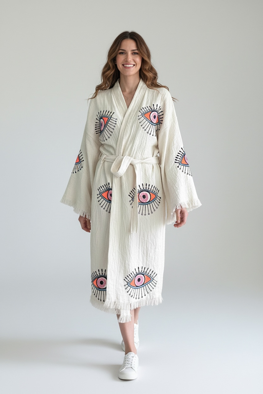 hand printed turkish cotton muslin kimono robe natural color with evil eye pattern made in turkey