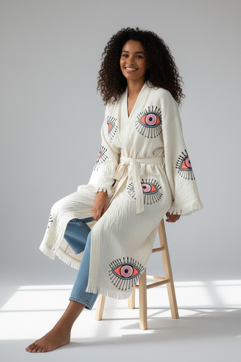 handcrafted turkish cotton muslin kimono robe natural fabric with evil eye pattern