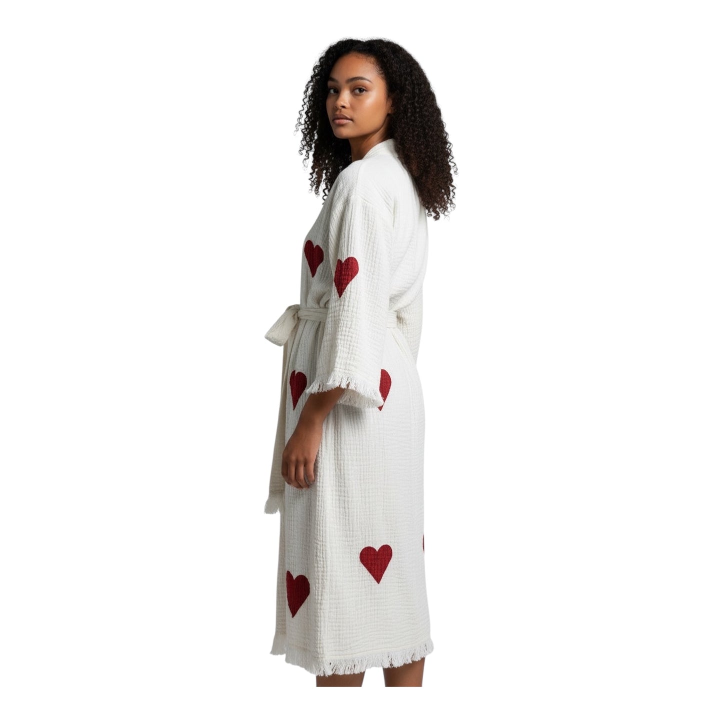 turkish cotton muslin kimono robe with heart pattern natural handcrafted robe