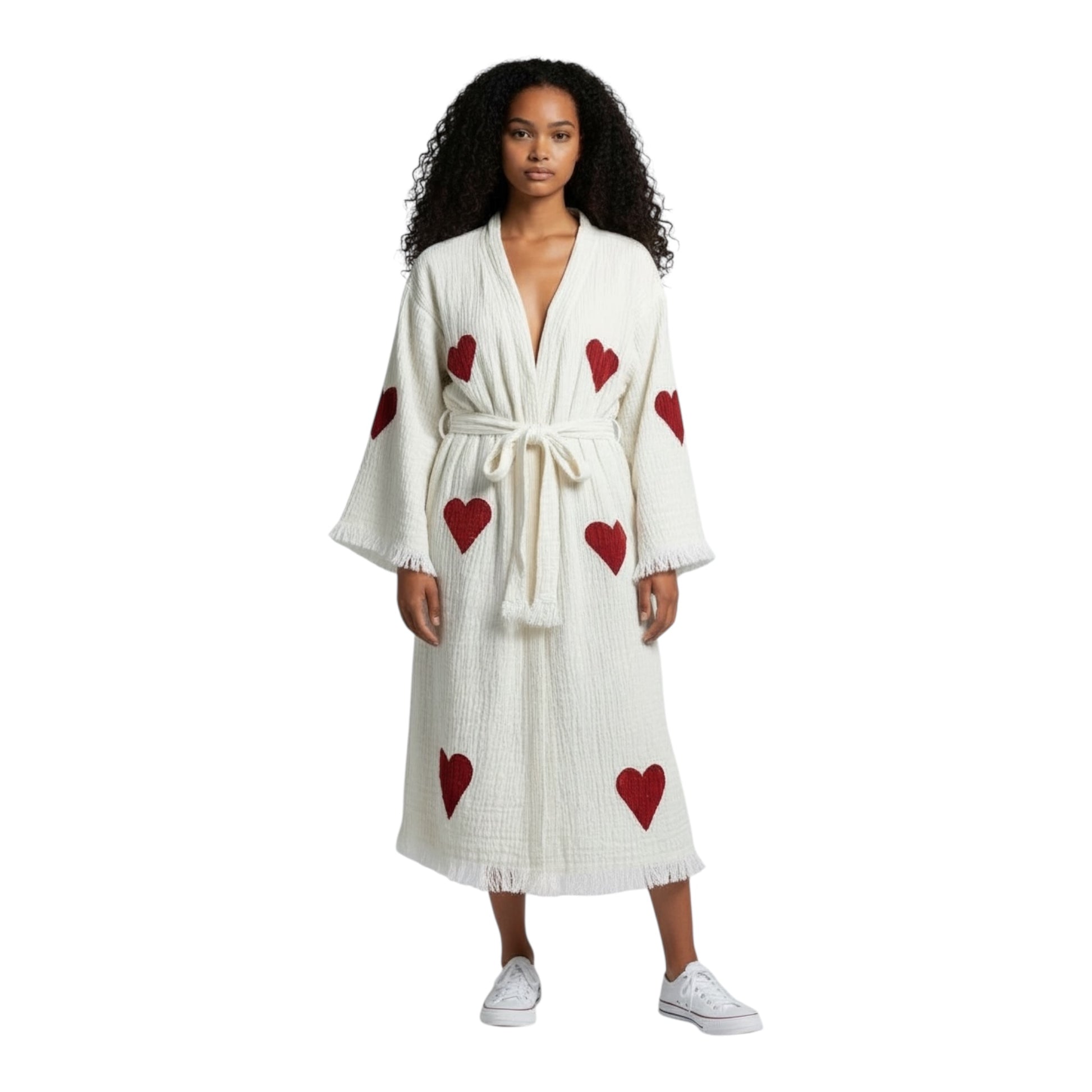 hand printed turkish cotton muslin kimono robe natural color with heart pattern made in turkey