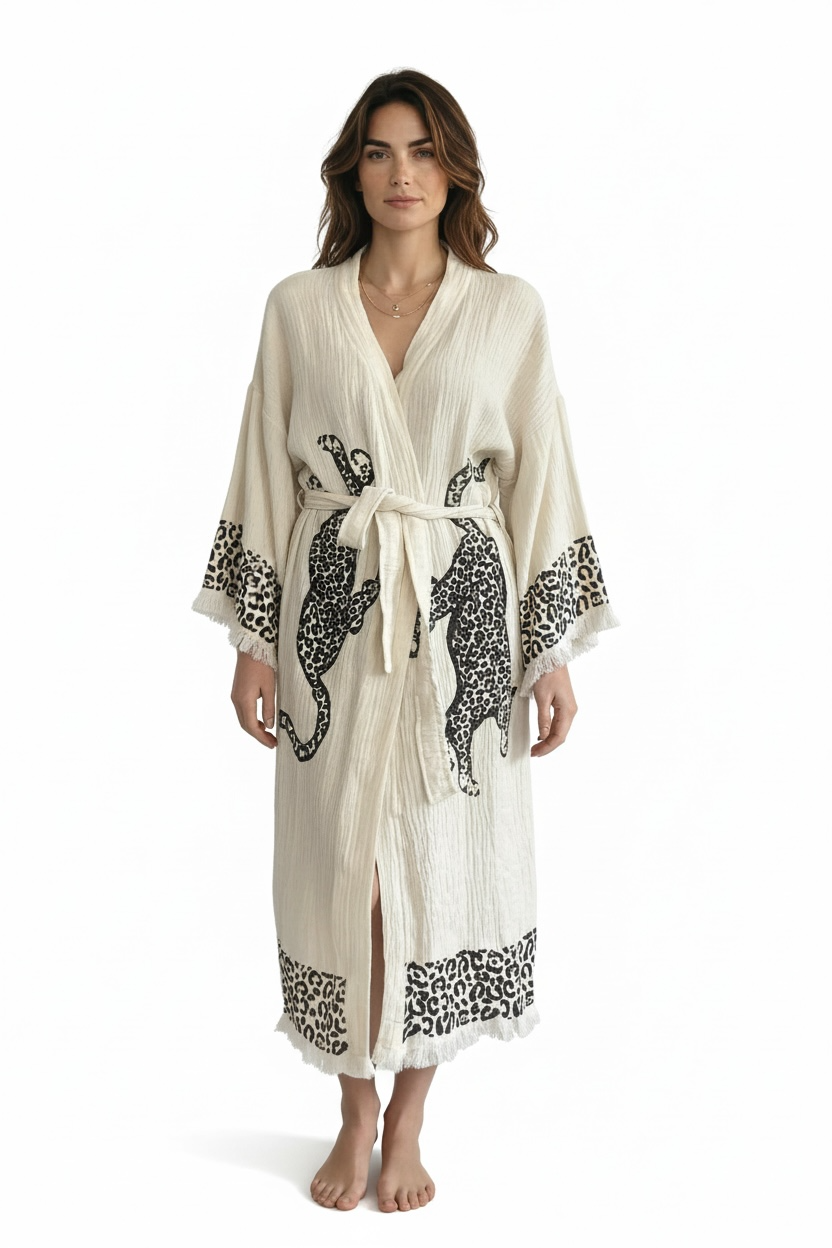 hand printed turkish cotton muslin kimono robe natural color with leopard pattern made in turkey