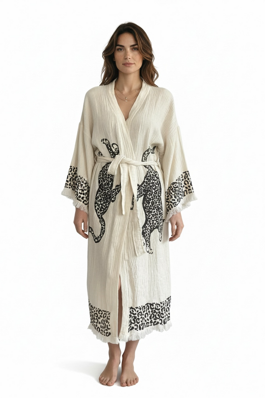 hand printed turkish cotton muslin kimono robe natural color with leopard pattern made in turkey
