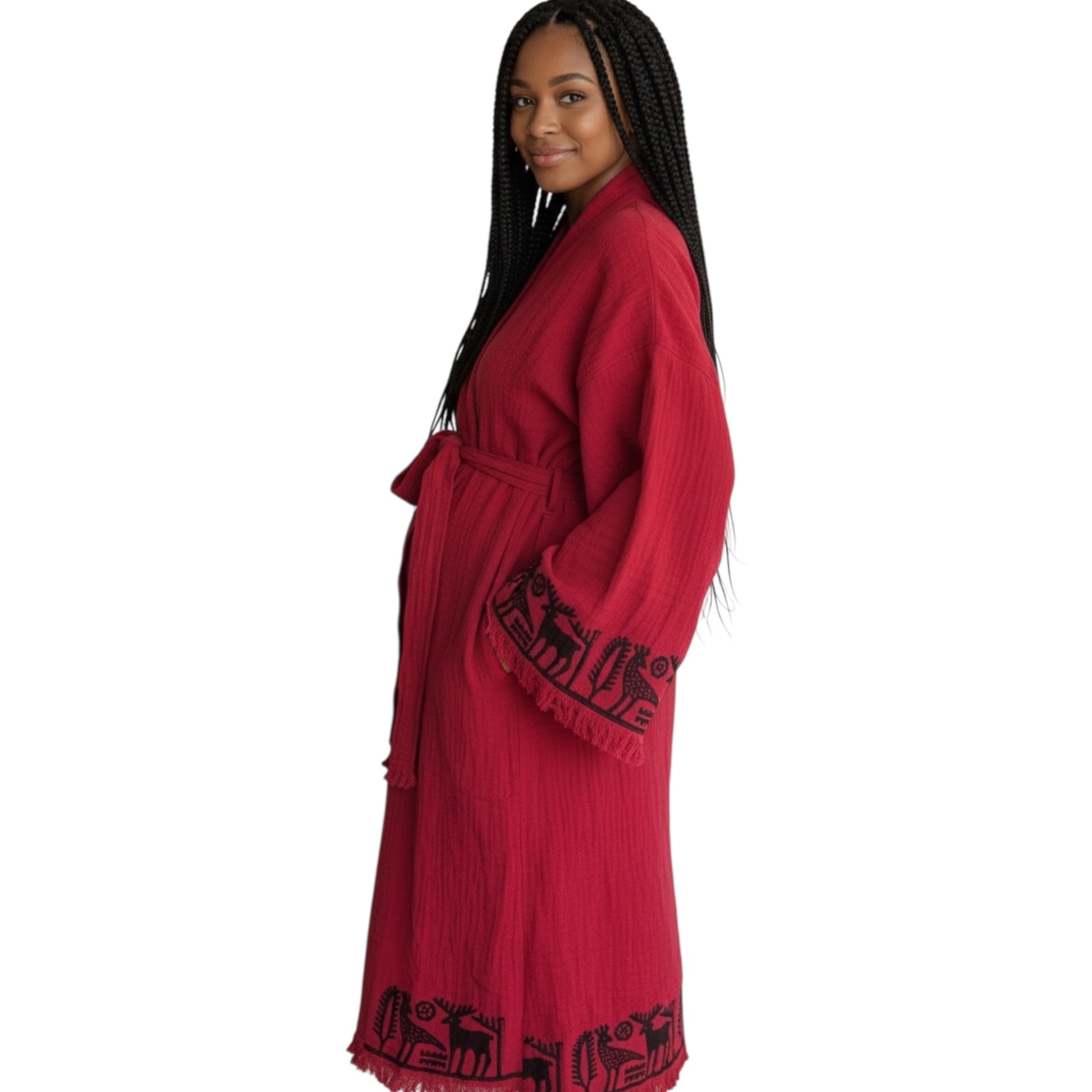 lightweight turkish cotton muslin kimono robe red color with nordic pattern design
