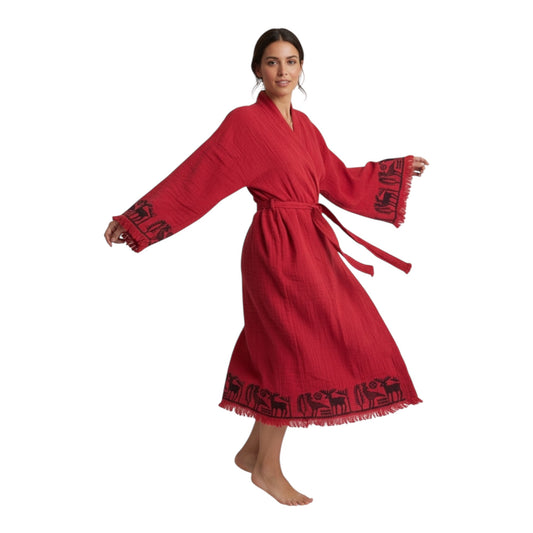 hand printed turkish cotton muslin kimono robe red color with nordic pattern made in turkey