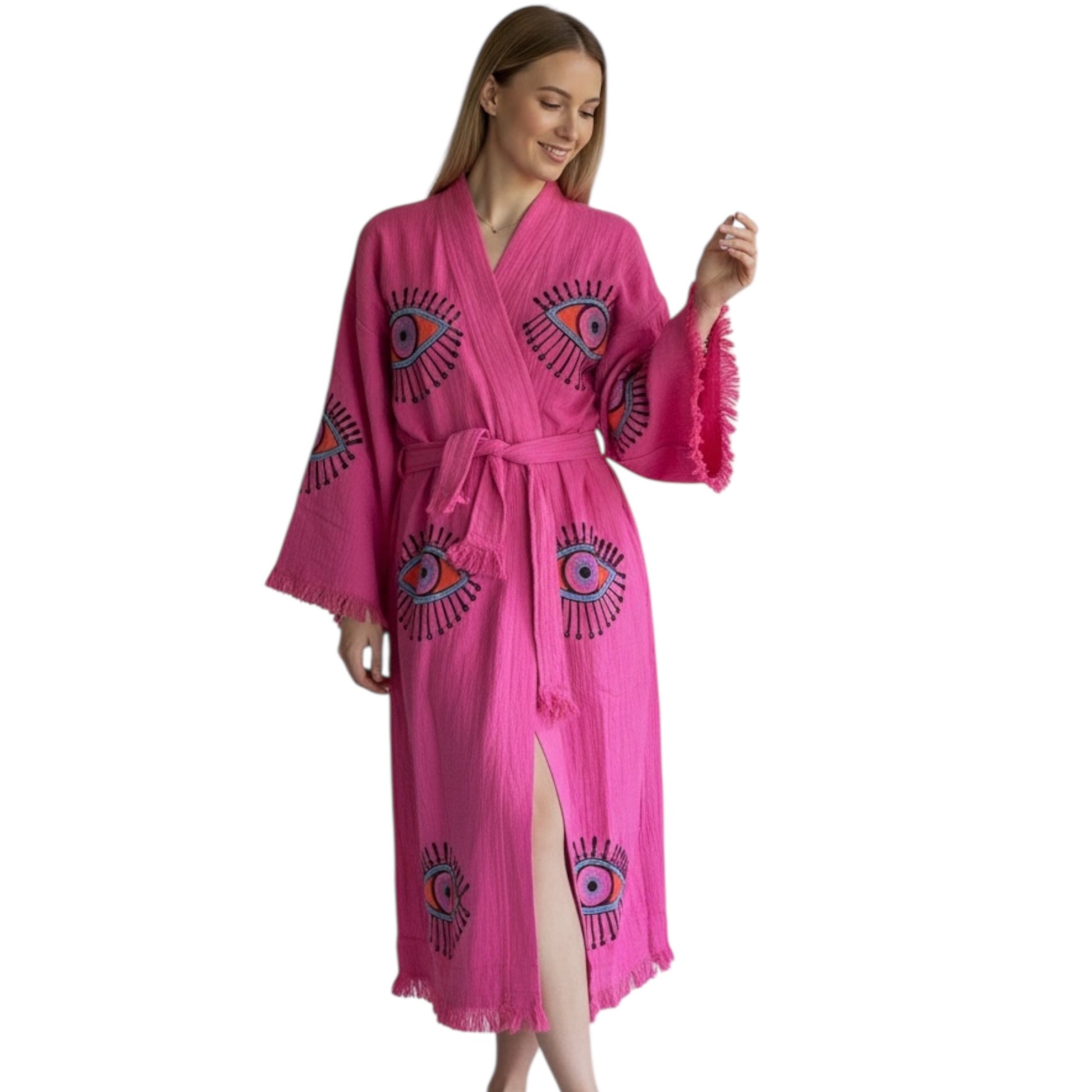 turkish cotton muslin kimono robe with evil eye pattern sugar pink handcrafted robe