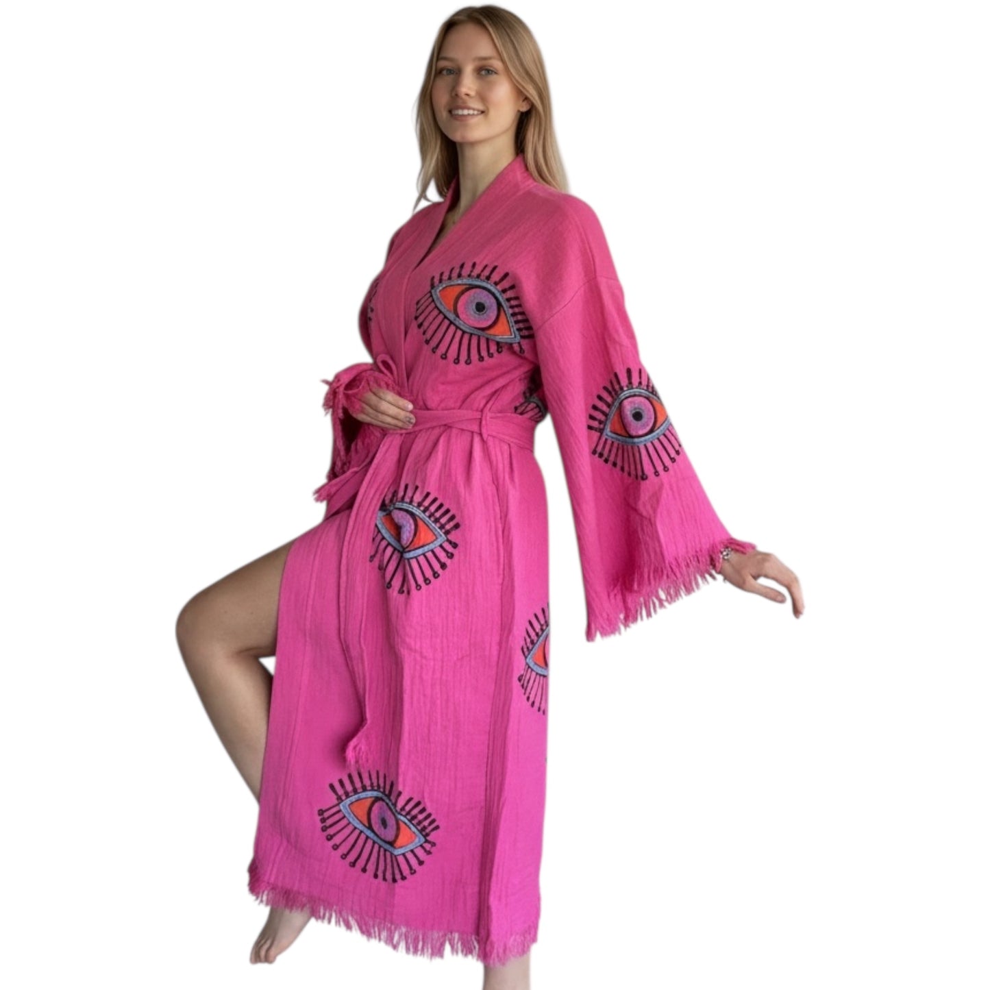 hand printed turkish cotton muslin kimono robe sugar pink color with evil eye pattern made in turkey