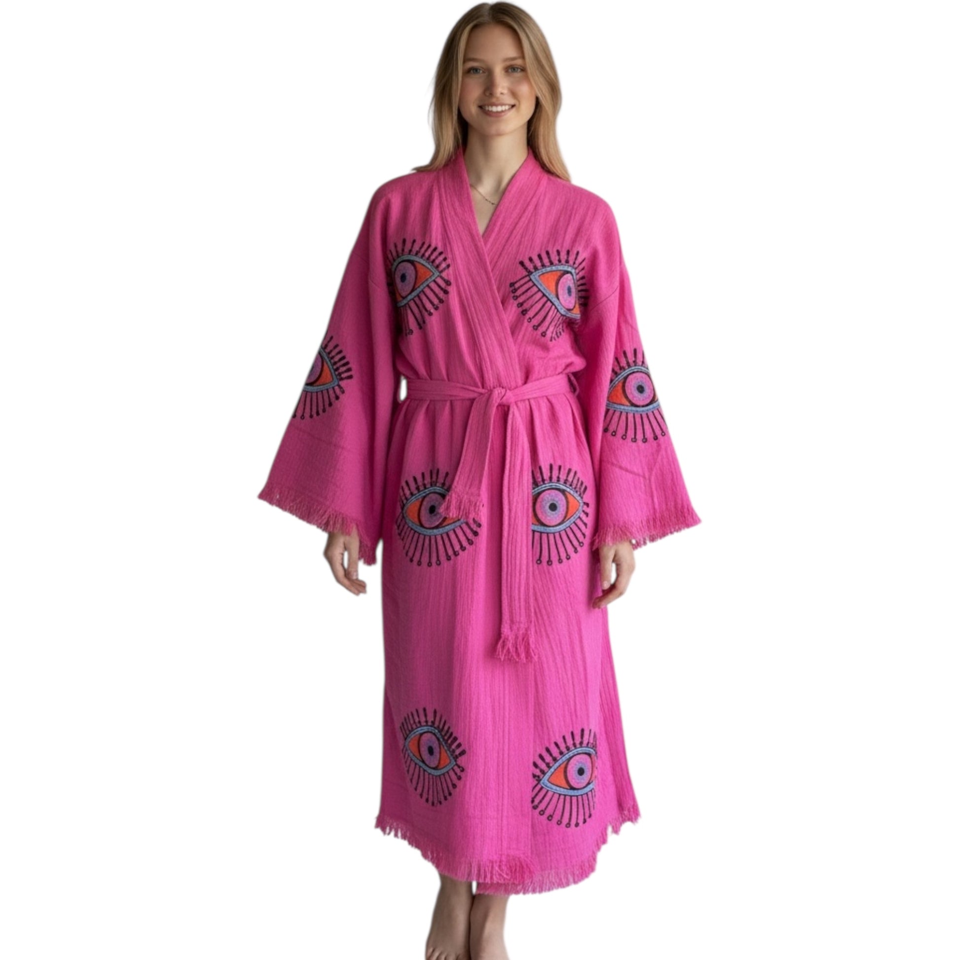 lightweight turkish cotton muslin kimono robe sugar pink color with evil eye design