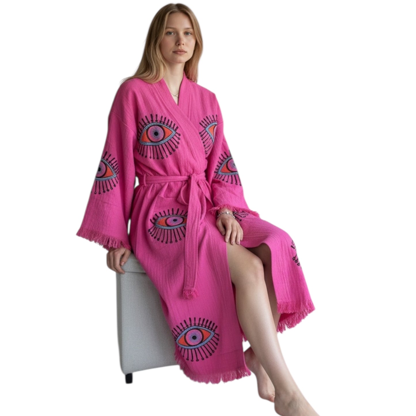 handcrafted turkish cotton muslin kimono robe evil eye pattern sugar pink color made in turkey