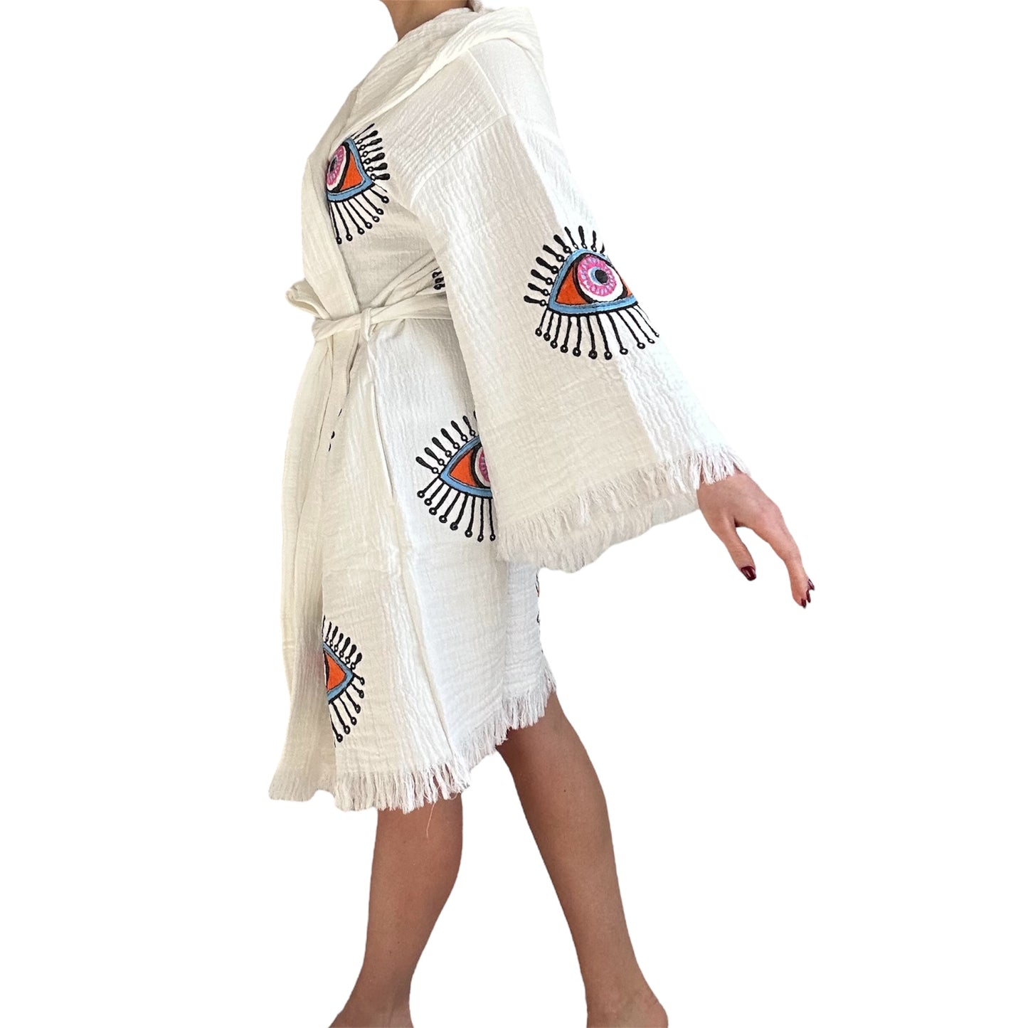 turkish cotton muslin short hooded kimono robe with evil eye pattern natural handcrafted robe